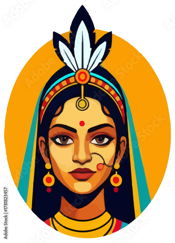Tribal Queen Vector Portrait ,Strong Woman in Ethnic Headwear and Jewelry