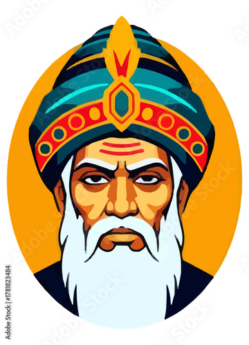 Wise Old King Vector Illustration ,Ancient Monarch with Royal Turban and Beard