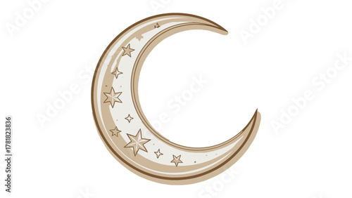 Celestial Crescent: An illustrated celestial crescent moon, delicately adorned with shimmering stars, evokes a sense of tranquility and cosmic wonder.