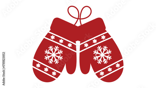 Cozy Winter Mittens: Festive, red mittens adorned with snowflake and star designs, connected by a delicate string, embodying warmth and winter cheer.