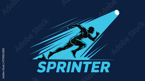 Dynamic graphic of a sprinter bursting from the blocks, illuminated by a spotlight for sports branding, fitness campaigns and athletic promotions.