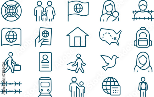 Collection of Line Art Icons Illustrating Concepts of Family, Immigration, Refugees, Global Issues, and Social Support. Featuring Diverse Cultural Symbols and Themes
