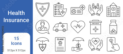 Health Insurance Icon Set – Medical Policy, Protection, Coverage, Healthcare, Safety Icons
