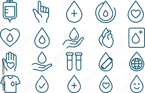 A comprehensive collection of blood donation and healthcare icons, featuring symbolic representations of giving blood, medical treatments, and life-saving gestures