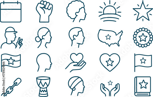 A collection of line icons representing African American history, Juneteenth, and themes of freedom, culture, and civil rights. Vector symbols for Black heritage and emancipation