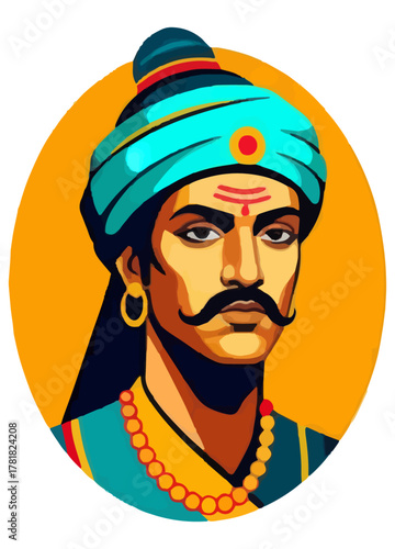 Brave Warrior King Vector Portrait, Ancient Male Leader in Blue Turban