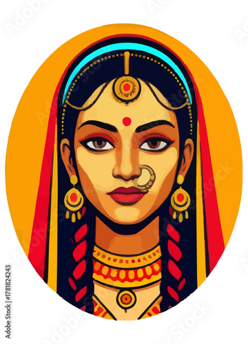 Beautiful Ancient Queen Vector Portrait ,Traditional Royal Woman Illustration