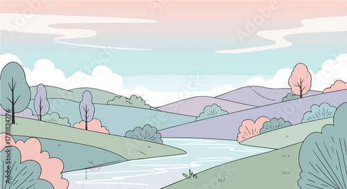 Serene pastel landscape illustration showcasing rolling hills, a winding river, and diverse trees under a soft, cloudy sky, creating an idyllic and tranquil natural setting