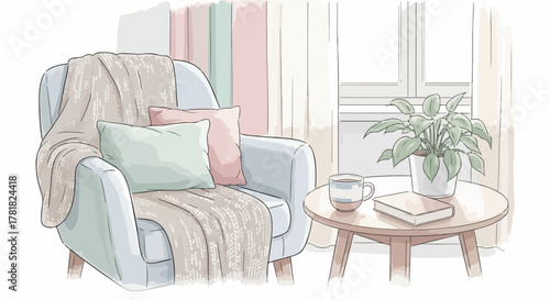 Peaceful and cozy reading corner illustration with a comfortable armchair, warm blanket, book, and tea, representing a tranquil home interior