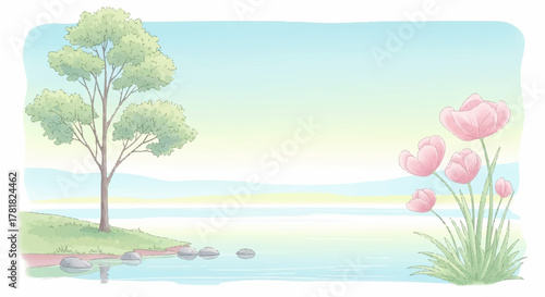 Quiet contemplation by the water a gentle artistic depiction of a tranquil lake scene, adorned with a verdant tree and elegant pink flowers in soft hues