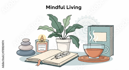 Mindful Living Still Life Illustration with Book, Tea, Candle, and Plant for Wellness and Relaxation