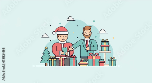 Illustration depicting two men in festive attire exchanging gifts amidst a backdrop of Christmas trees and presents, embodying the spirit of holiday generosity and celebration