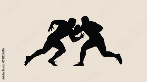 Dynamic silhouette of determined football players battling on the field, showcasing strength, competition, and teamwork in intense action moments