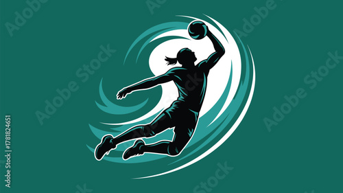 Dynamic handball player silhouette in powerful jump shot motion ready to score the winning goal, team spirit, competition, vibrant athletic energy