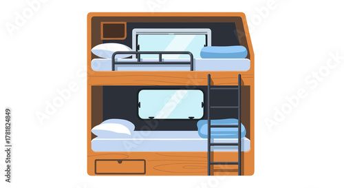 Camper van bunk bed design with two sleeping areas and window  