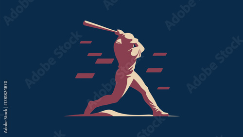 Dynamic baseball player swinging bat with power and precision in retro style, ideal for sports marketing and team branding with vibrant colors