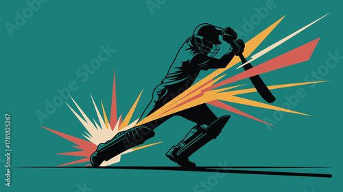 Dynamic cricket player in action with bat swing and vibrant energy bursts on teal background ready for victory and team spirit advertising