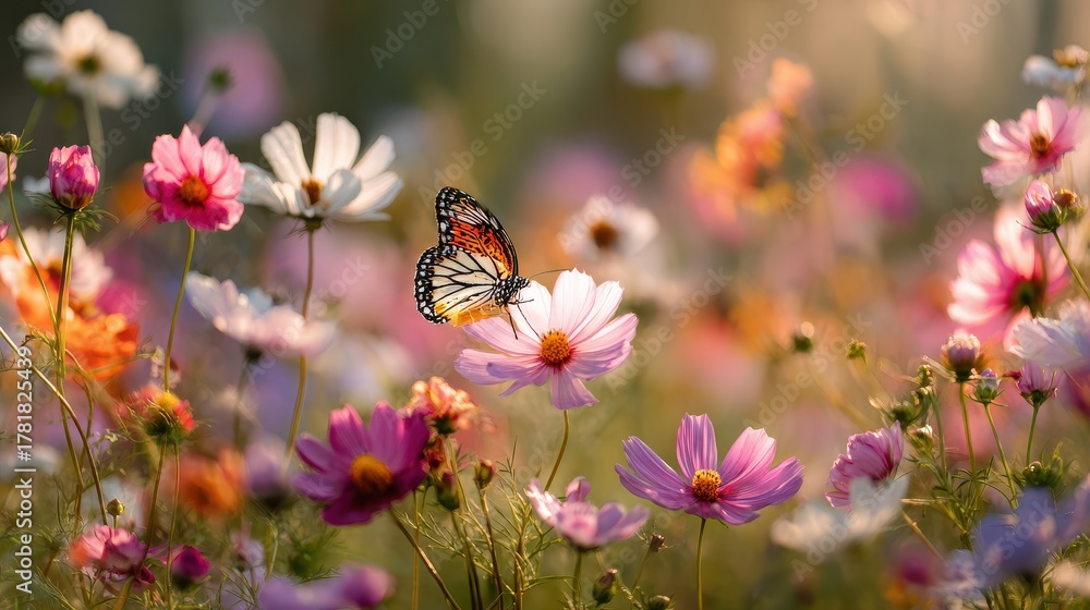 Fototapeta premium Colorful cosmos flower field with a butterfly resting on a bloom during a sunny afternoon in a serene meadow