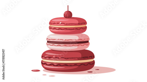 Macarons Tower: A delightful stack of vibrant macarons, each layer showcasing a unique shade and flavour, topped with a single, tantalizing cherry. A visual treat for dessert lovers