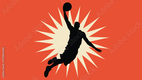 Dynamic basketball player silhouette soaring for slam dunk with explosive energy background, perfect for sports branding and energetic designs