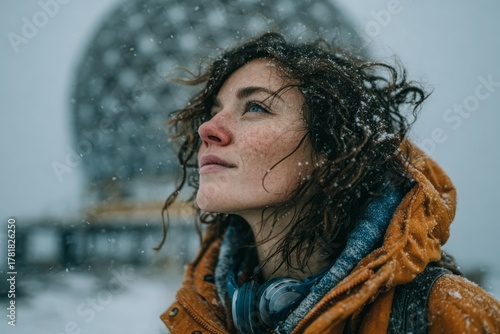 Woman in snowy landscape with geodesic dome winter, contemplation, outdoors