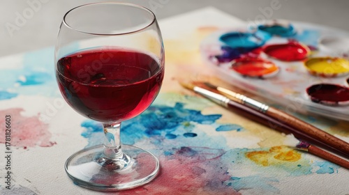 Colorful paint and sip watercolor mixed media canvas featuring vibrant hues and a glass of red wine on a creative workspace