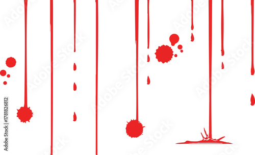 Dripping red liquid forms vertical lines and scattered pools on a white background