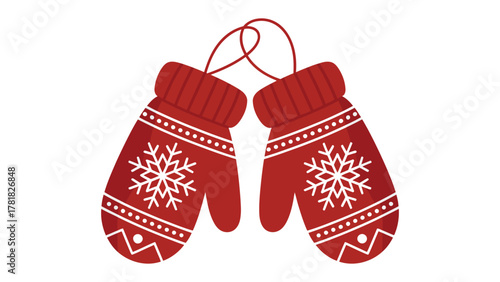 Cozy Winter Mittens: A pair of vibrant red mittens, adorned with intricate snowflake patterns, hangs together, creating a cozy and inviting scene of winter warmth.