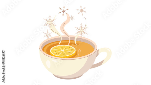 Winter's Embrace: A soothing cup of tea infused with a vibrant lemon slice. Delicate snowflakes dance above, creating a warm, inviting atmosphere, perfect for a cozy winter day.