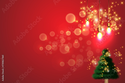 Christmas and New Year background with Christmas tree and bokeh lights, for banner, web design template, flyer card, greeting card, background calendar