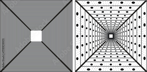 Optical illusion featuring converging lines and patterned tunnel perspectives