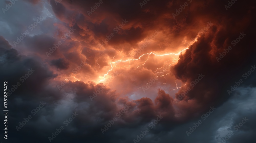 Obraz premium Dramatic lightning strike illuminates dark fiery storm clouds at dusk