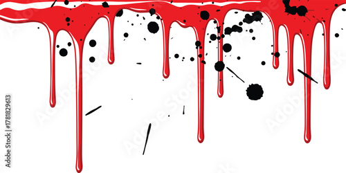 Dripping red paint with black splatters on a white background