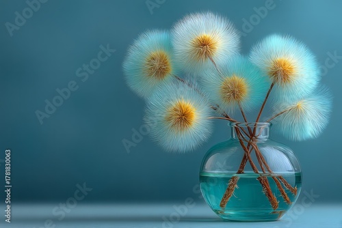Fluffy floral arrangement in glass vase flowers, turquoise, decor