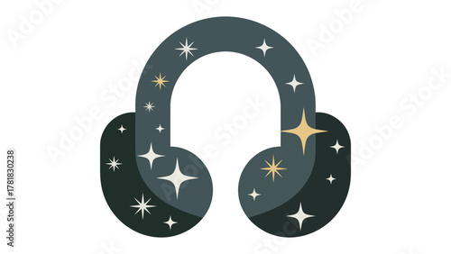 Celestial Harmony: A stylized headphone design against a dark backdrop, embellished with twinkling stars and a celestial glow, signifying the magic of sound and music.