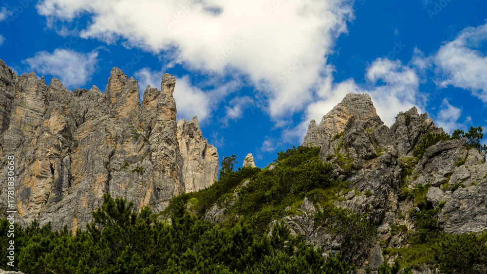 Obraz premium Paesaggi sul sentiero del Campanile di Val Montanaia nel Parco delle Dolomiti Friulane, Cimolais, Pordenone, Friuli Venezia Giulia, Italia