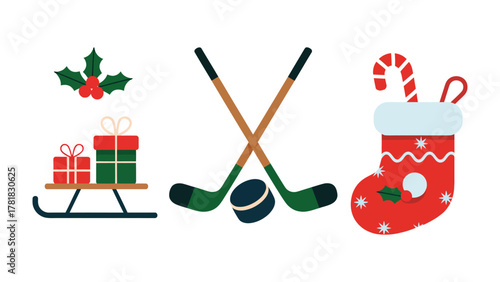 Festive Elements: A collection of festive elements featuring holiday cheer, a hockey theme, and gift presentations.