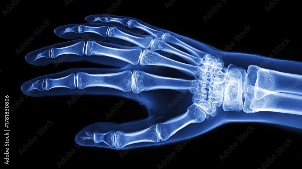Naklejka premium Detailed view of human adult hand bones in a radiographic examination showcasing skeletal structure and arrangement