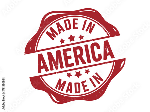 A red rubber stamp declares a product is Made in America with small stars.