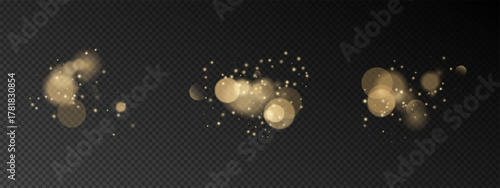 Golden light set background. Separate glowing dots, particles, circles form glitter spots. Vector bokeh effect. Overlay for festive design. Used in transparent decoration.