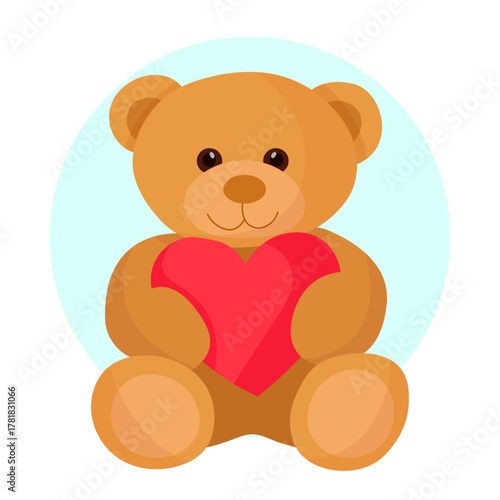 Cute brown bear toy with a red heart kids character Present for valentine's day flat illustration