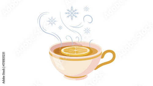 Cozy Cup: A refreshing cup of tea with a slice of lemon offers warmth and comfort in the winter, complete with steam, and snowflake, perfect for relaxation.