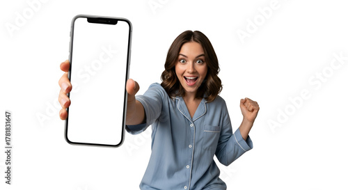 Excited Woman in Pajamas Holding Smartphone with Blank Screen Against Transparent Background Cheerful Girl Showing Mobile Phone with Empty Display Mockup for App Promotion Digital Communication