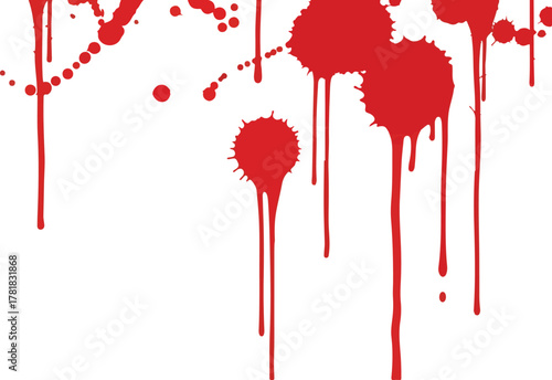 Dripping red splatters and dots descend on a plain white background