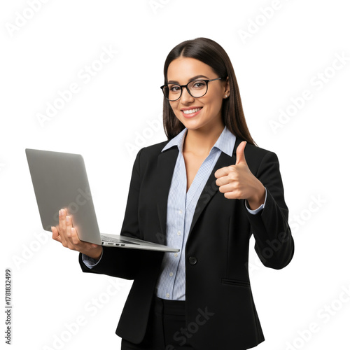 Young businesswoman holding laptop, showing thumbs up isolated on white