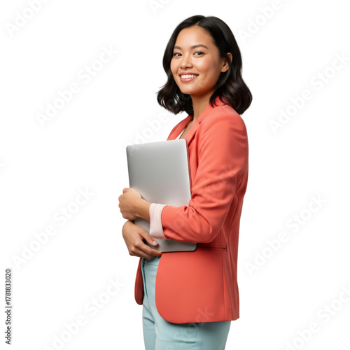 Young businesswoman or teacher holding close laptop isolated on white