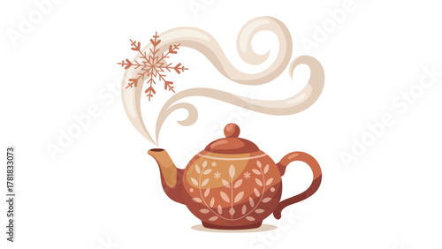 Winter Tea Time: A warm and inviting tea pot with a snowflake and steam, representing a cozy winter scene.