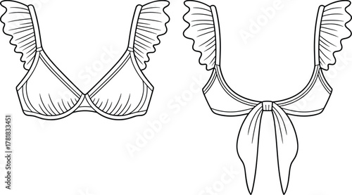 Fashion bikini top illustration, underwire swimwear sketch, ruffle strap design, bow back detail, garment construction drawing, vector outline art