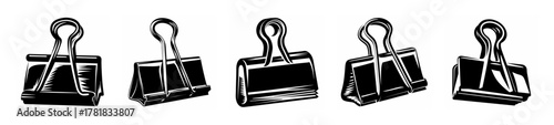 Collection of five black binder clips lined up showing their distinct clamp design and handles