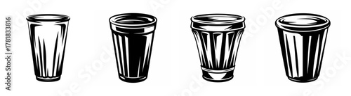 Four distinct black and white line drawings of paper cups showing subtle variations in their ribbed texture and fill levels